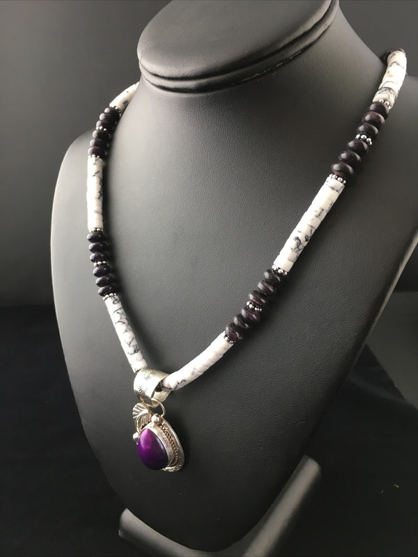 Purple Stone Howlite Bead Navajo Necklace | Sterling Silver | Authentic Native American Handmade | 04607