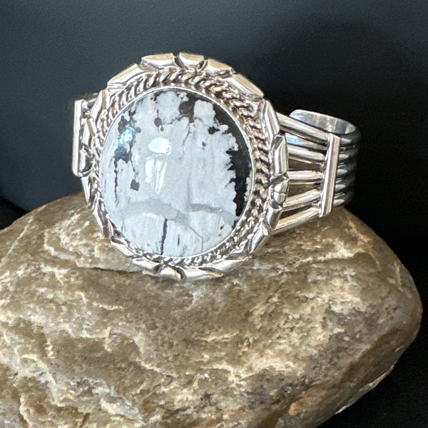 White Buffalo Turquoise Navajo Cuff Bracelet | Sterling Silver | Authentic Native American Handmade | 19279