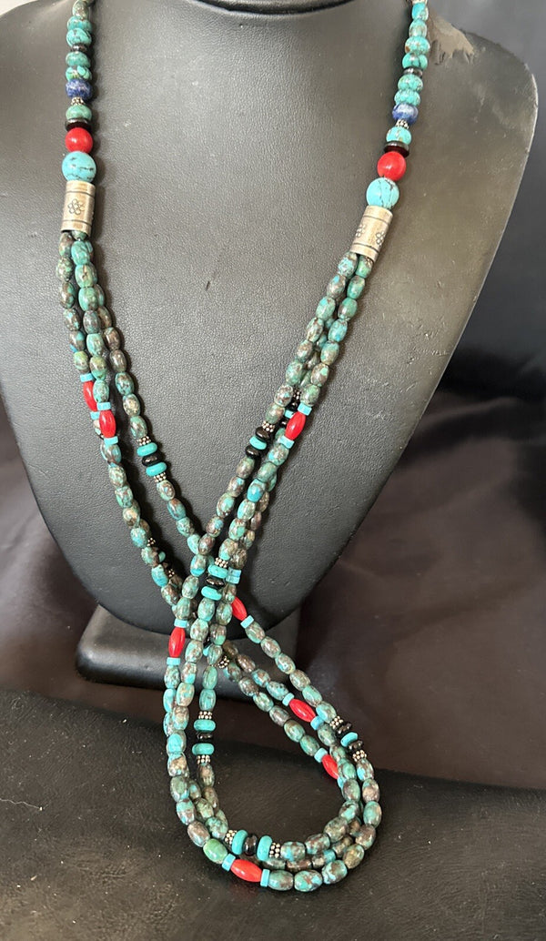 Men's Blue Spiderweb Turquoise Tube 3S Navajo Necklace 30" | Sterling Silver | Authentic Native American Handmade | 17886