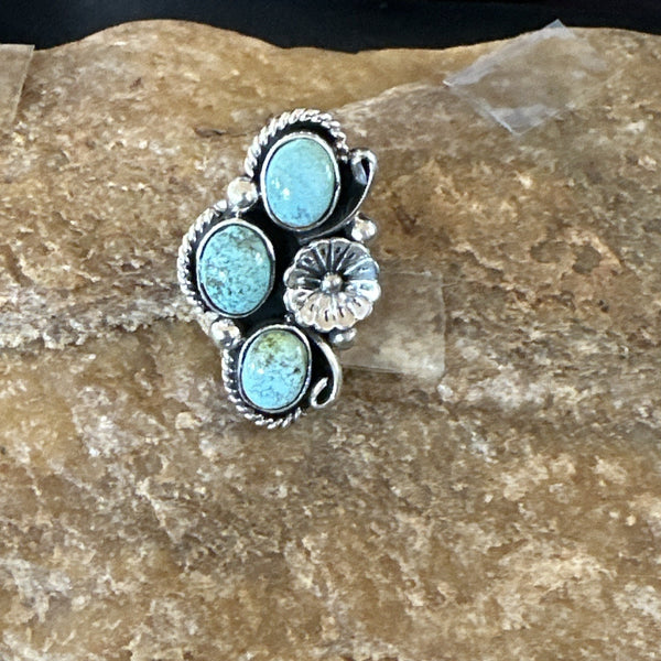 Yazzie Ring Blue Turquoise Navajo Cluster Size 8 | Sterling Silver | Authentic Native American Handmade | 19219