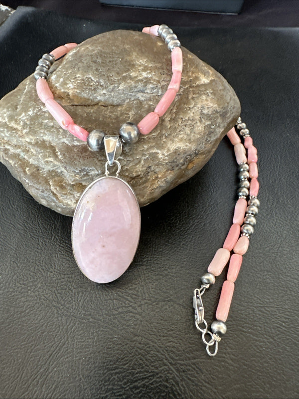 Southwestern Pink Coral Bead Necklace Quartz Pendant 24" | Sterling Silver | Authentic Native American Handmade | 19586