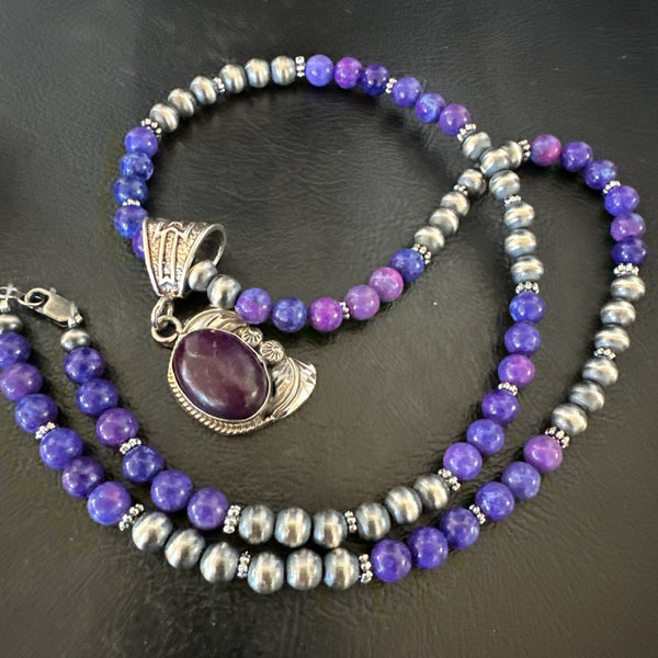 Purple Stone Pendant Navajo Pearls Necklace | Sterling Silver | Authentic Native American Handmade | 18389