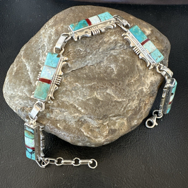 A Women's Blue Turquoise Opal Navajo Link Bracelet 9" | Sterling Silver | Authentic Native American Handmade | 19791