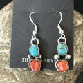 Handmade Blue Turquoise Red Coral Navajo Dangle Earrings | Sterling Silver | Authentic Native American Handmade | 18840