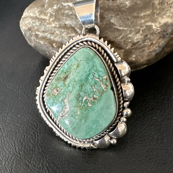 Men Women Green Royston Turquoise Pendant Navajo Yazzie | Sterling Silver | Authentic Native American Handmade | 19522
