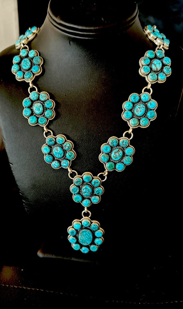 Cluster Lariat Blue Kingman Turquoise Necklace Pendant Navajo 30" | Authentic Native American Handmade | 18795