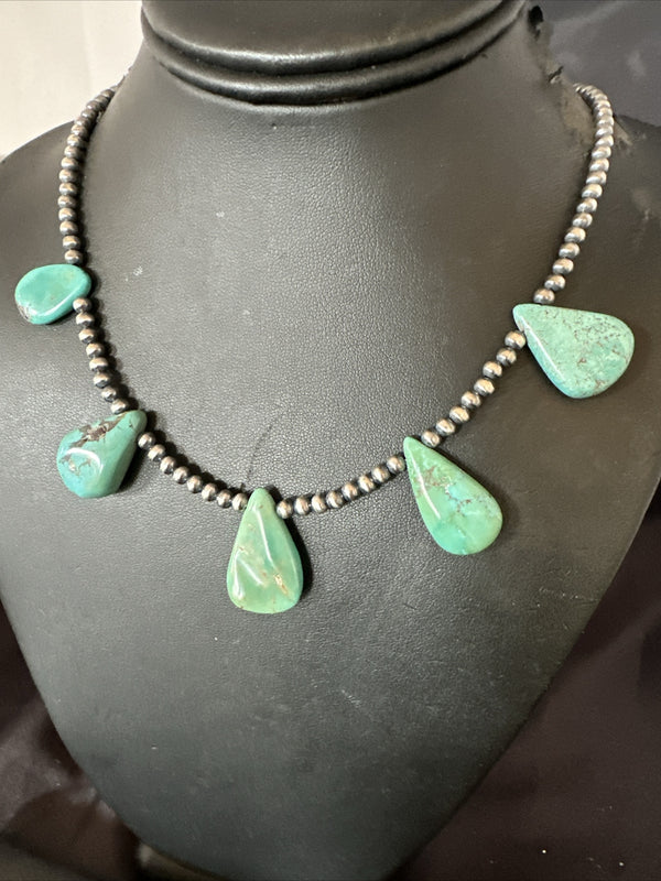 Blue Green Turquoise Teardrop Navajo Pearls Necklace 20" | Sterling Silver | Authentic Native American Handmade | 17746
