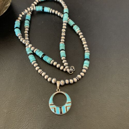 Blue Turquoise Inlay Pendant Navajo Pearls Sterling Silver Necklace 12615