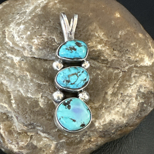 Blue Turquoise 3 Stone Navajo Cluster Pendant Only | Sterling Silver | Authentic Native American Handmade | 18348