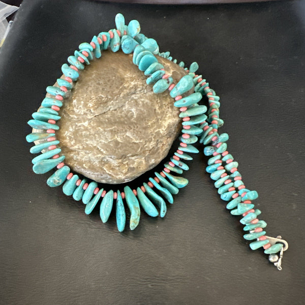 Men's Women Navajo Blue Turquoise Pink Coral Necklace 28" | Sterling Silver | Authentic Native American Handmade | 19746