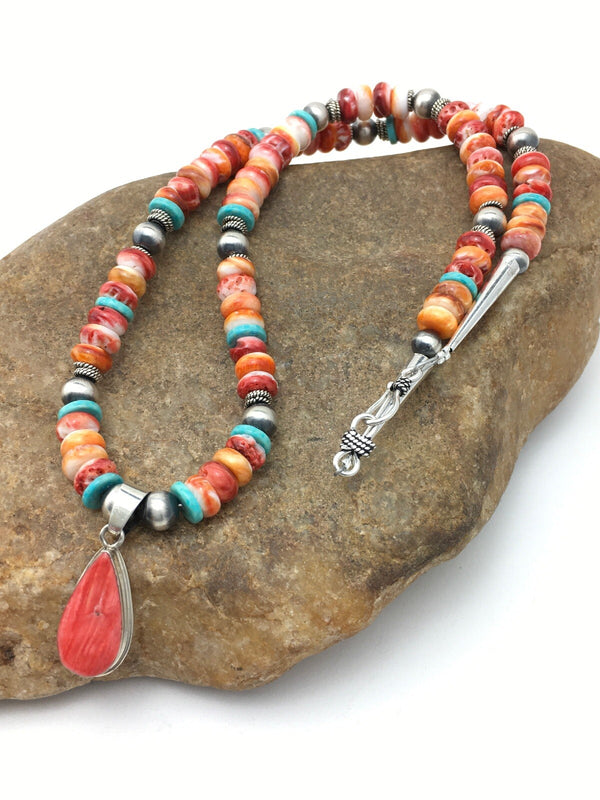 Spiny Oyster Pendant Turquoise Navajo Necklace 19" | Sterling Silver | Authentic Native American Handmade | 4522