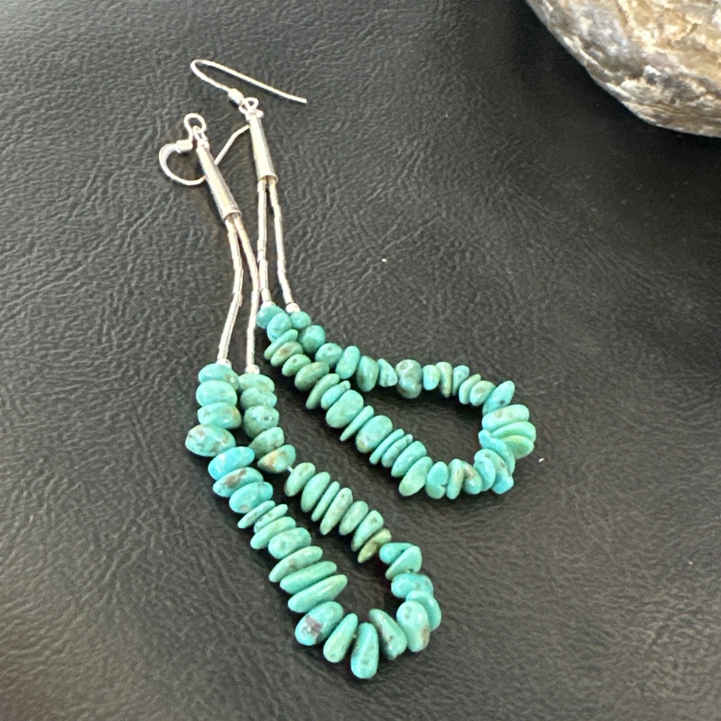 Long Blue Turquoise Nugget Bead Sterling Silver Beads Navajo Earrings 3” 18096