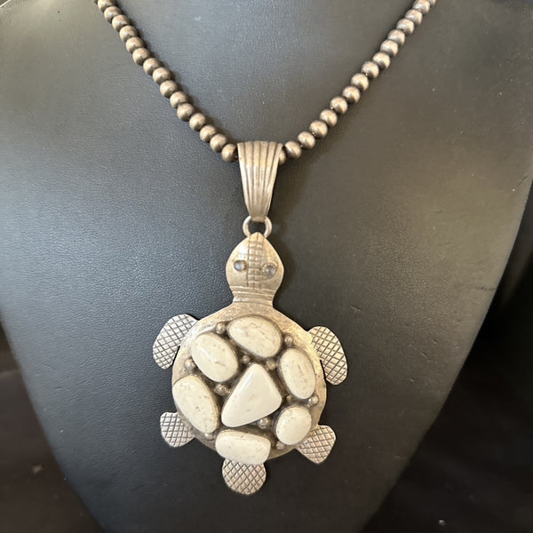 CLUSTER Turtle Navajo White Buffalo Turquoise Pendant | Sterling Silver | Authentic Native American Handmade | 14528