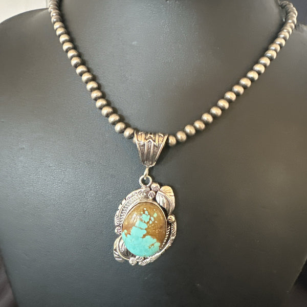 Men's Blue Turquoise#8 Pendant Navajo Necklace | Sterling Silver | Authentic Native American Handmade | 18085