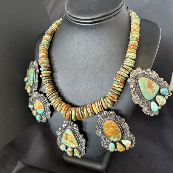 Statement Royston Turquoise Old Pawn 5 Navajo Necklace 23" | Sterling Silver | Authentic Native American Handmade | 19127