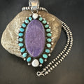 Purple Charoite Turquoise Navajo Cluster Pendant 3.75" | Sterling Silver | Authentic Native American Handmade | 18651