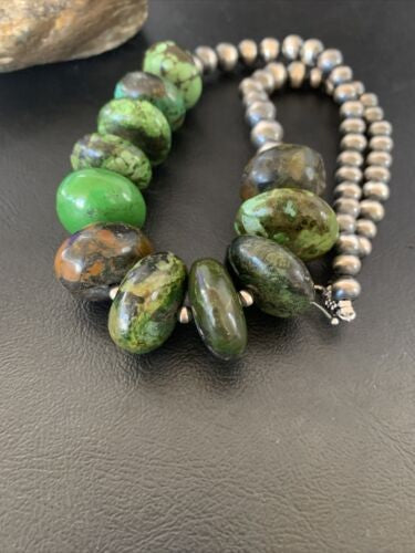 Navajo Chunky Graduated Green Turquoise Necklace Sterling Silver 18" 11768