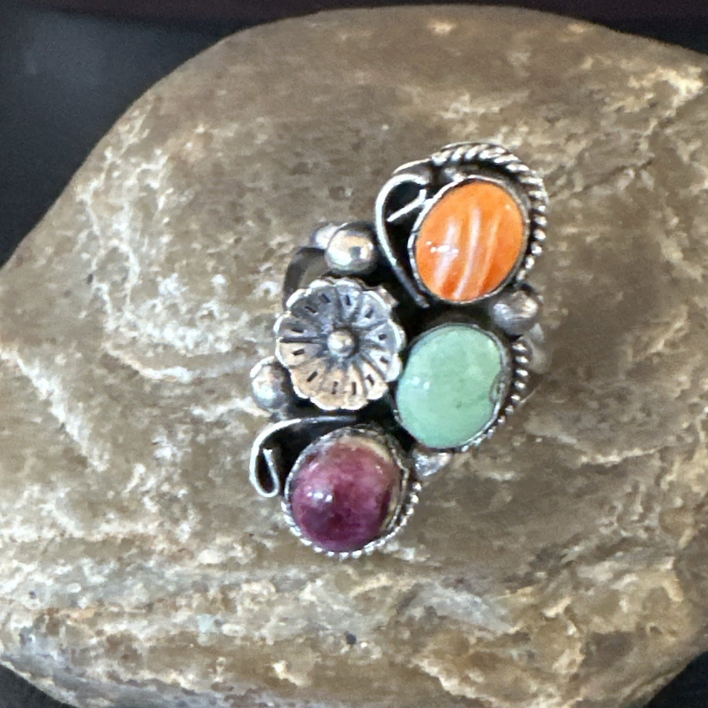 Multicolor Ring Turquoise Spiny Navajo Sterling Silver Cluster Size 9 19173