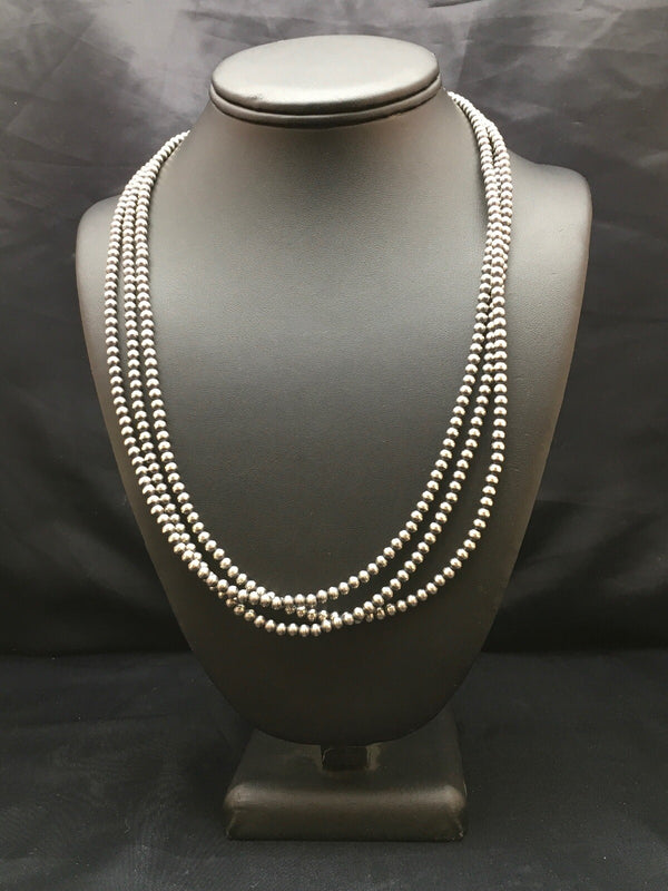 Navajo 4mm Bead 3 Strand 21"Necklace | Sterling Silver | Authentic Native American Handmade