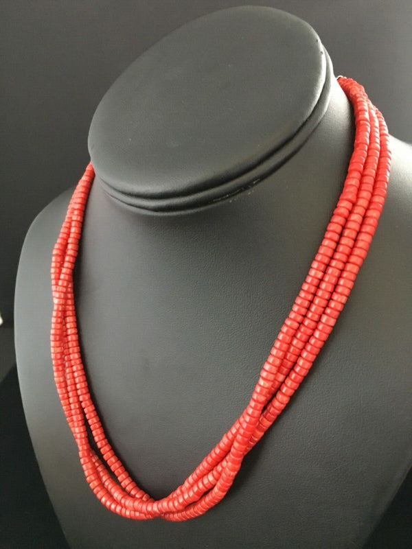 Red Coral Stabilized 3 Strands Navajo Heishi Necklace | Sterling Silver | Authentic Native American Handmade | 01778