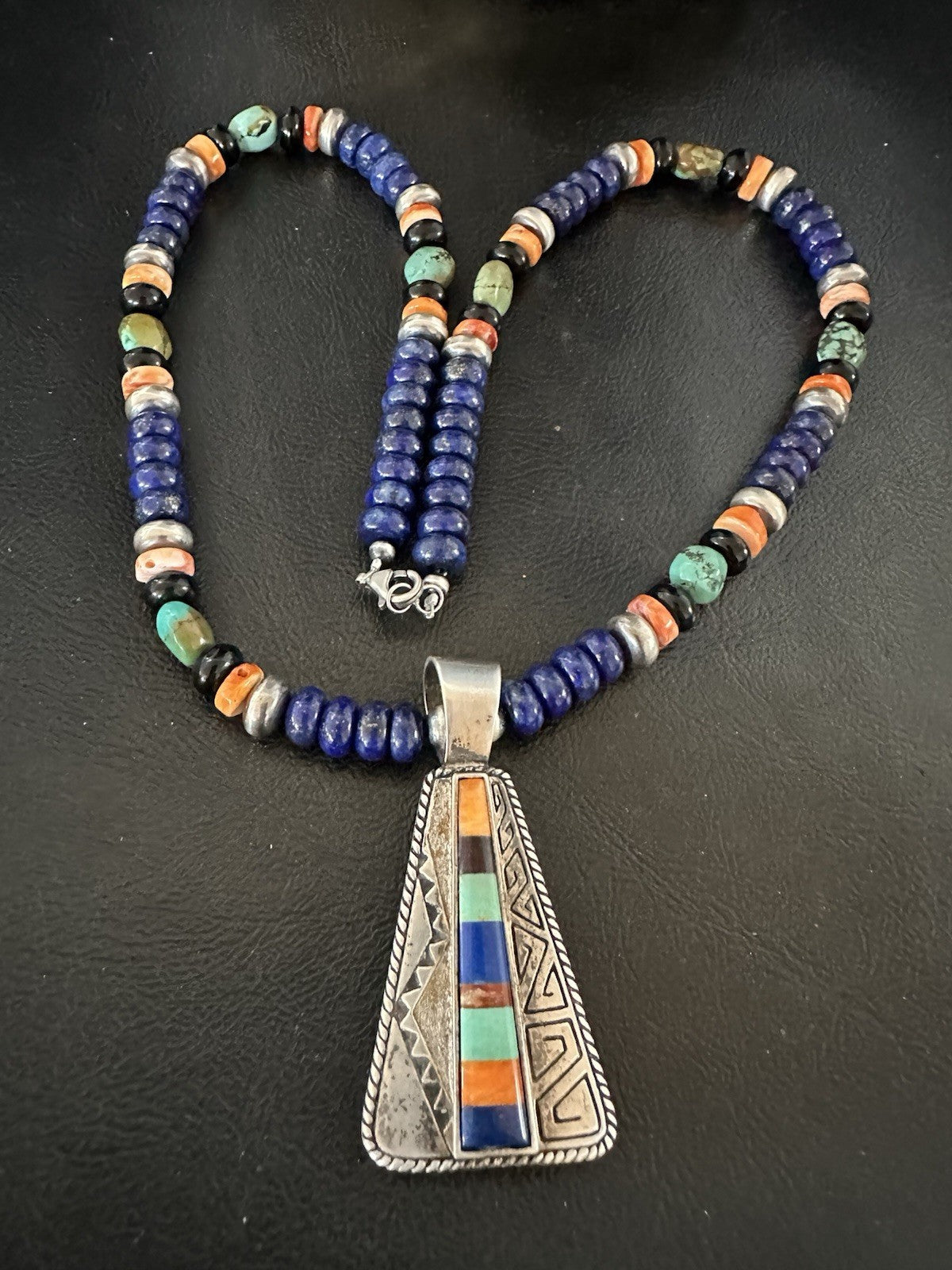 Multicolor Inlay Lapis Pendant Navajo Sterling Silver Necklace 22” 19467