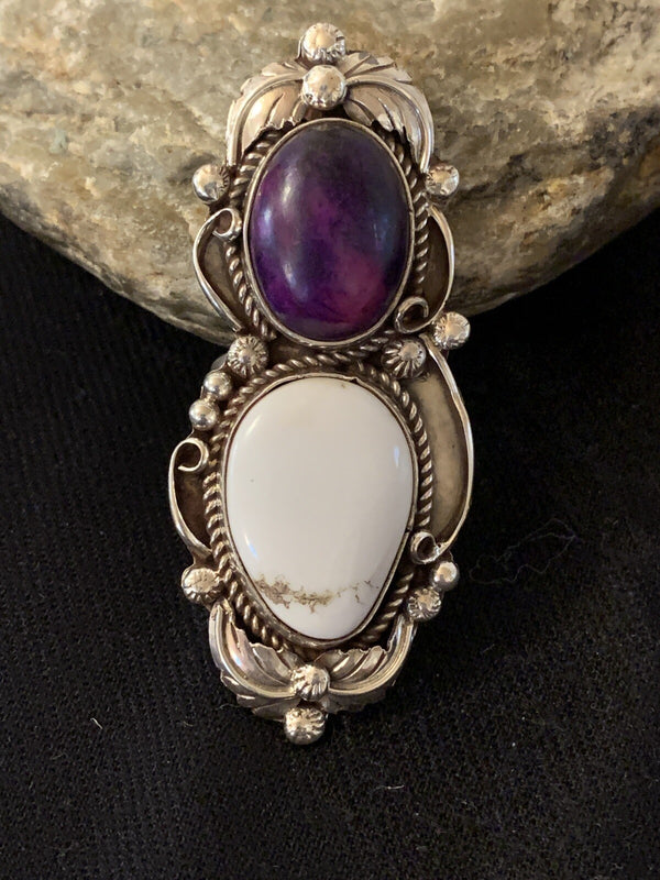 Southwestern White Buffalo Purple Stone Ring Sz 8.5 | Sterling Silver | Authentic Native American Handmade | 00399