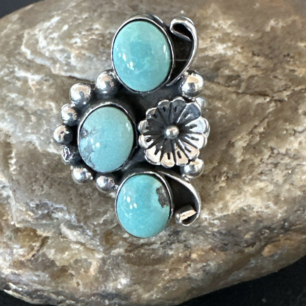 Yazzie Ring Green Turquoise Navajo Cluster Size7.5 | Sterling Silver | Authentic Native American Handmade | 19203