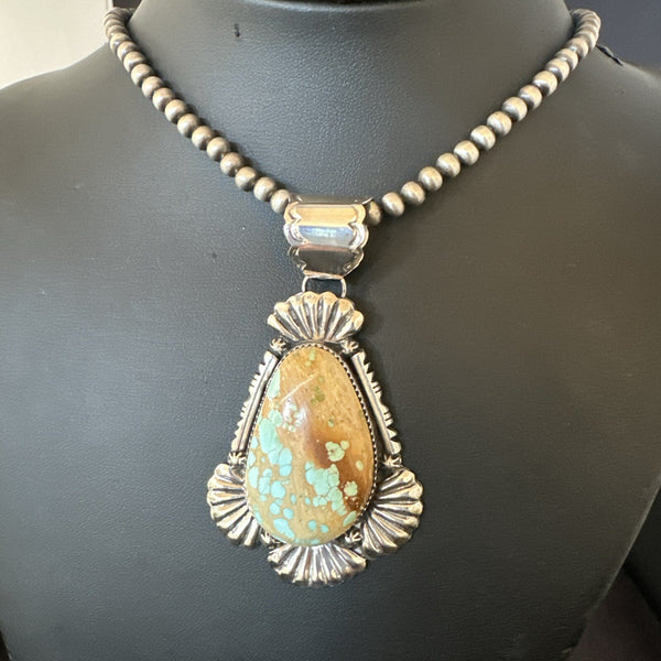 XL Women's Royston Turquoise Pendant Navajo Pearls Necklace | Sterling Silver | Authentic Native American Handmade | 18748