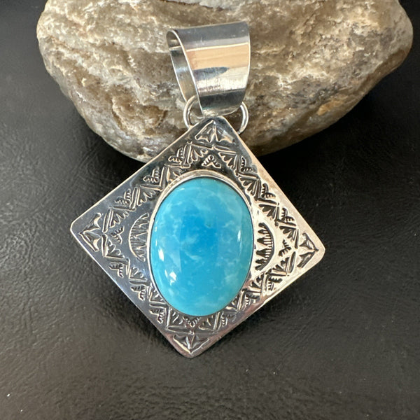 Men Women Blue Kingman Turquoise Pendant Navajo H Joe | Sterling Silver | Authentic Native American Handmade | 19518