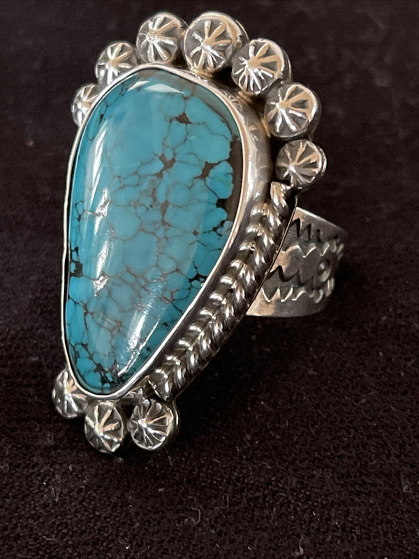 Navajo Blue Spiderweb Turquoise Ring Size 10 | Sterling Silver | Authentic Native American Handmade | 01063