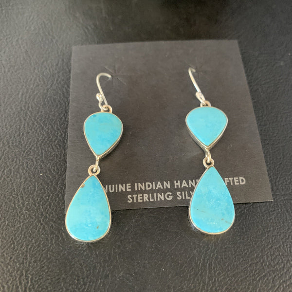 Kingman Turquoise Handmade Navajo Dangle Earrings 1.75" | Sterling Silver | Authentic Native American Handmade | 13897