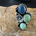 Yazzie Ring Green Turquoise Lapis Navajo Cluster Size 8 | Sterling Silver | Authentic Native American Handmade | 19224