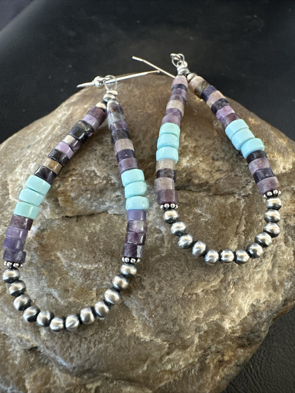 Blue Turquoise Purple Stone Heishi Navajo Beads Earrings 2" | Sterling Silver | Authentic Native American Handmade | 17838