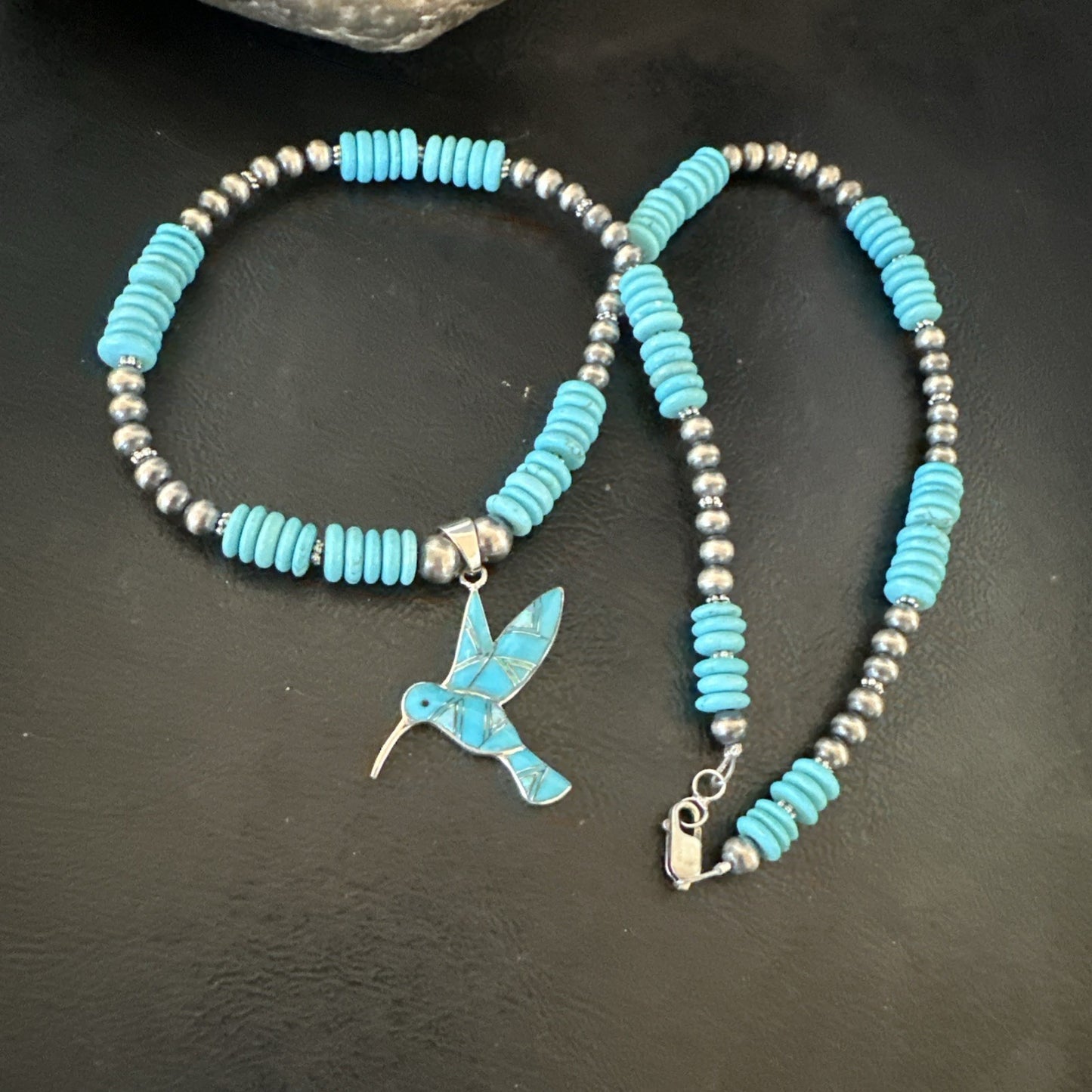 Blue Turquoise Opal HummingBird Inlay Pendant Navajo Sterling Necklace 19500
