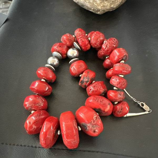 Chunky Navajo Red Bamboo Coral Bead Necklace 24"Graduated | Sterling Silver | Authentic Native American Handmade | 19530