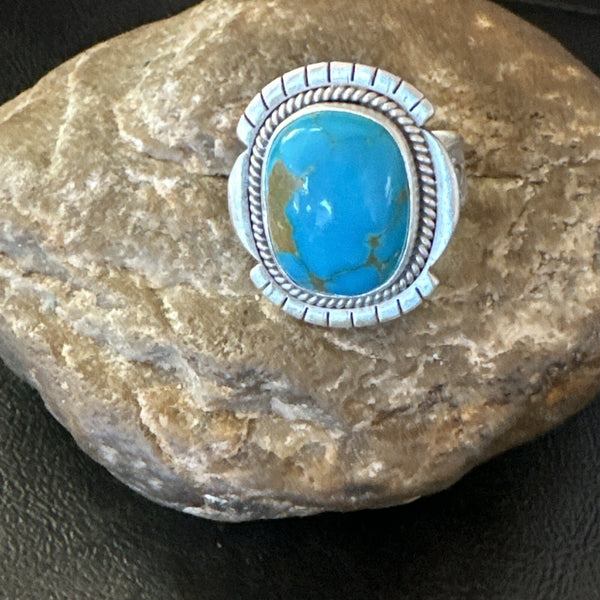 Blue Kingman Turquoise Navajo Adjustable Ring Size 7 | Sterling Silver | Authentic Native American Handmade | 18824