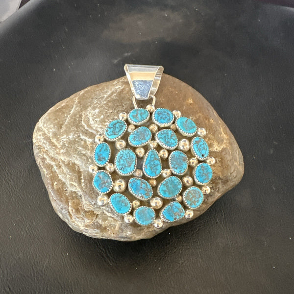 Cluster Kingman Turquoise Navajo Necklace Pendant 2.75" | Sterling Silver | Authentic Native American Handmade | 19087
