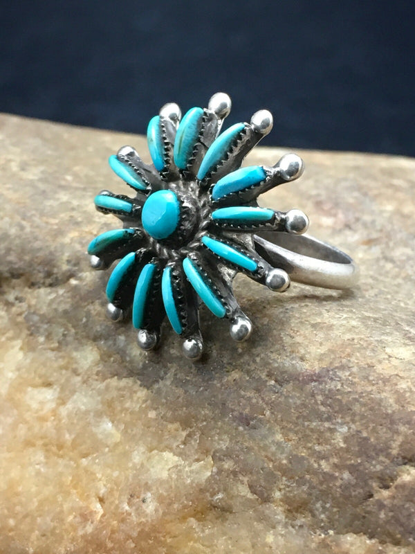 Blue Turquoise Needle Point Cluster Zuni Ring Sz 7.25 | Sterling Silver | Authentic Native American Handmade | 4035