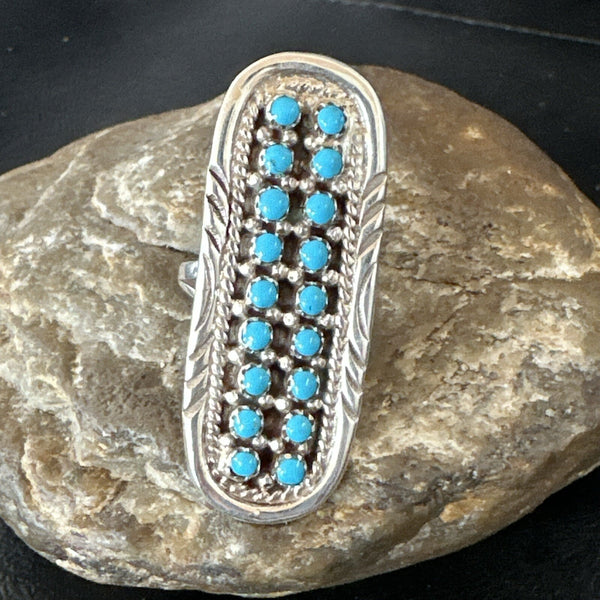 Blue Turquoise Zuni Petite Point Cluster Ring Size 8.5 | Sterling Silver | Authentic Native American Handmade | 18792