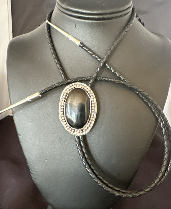 Men's Black Onyx Navajo Bolo Tie | Sterling Silver | Authentic Native American Handmade | 19053
