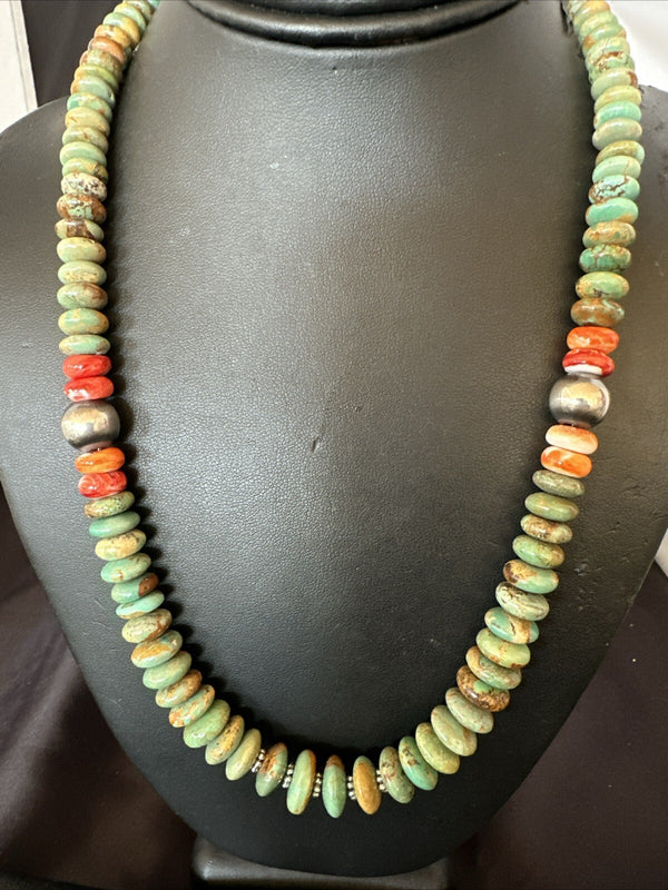 Green Turquoise Spiny Oyster Navajo Pearls Necklace | Sterling Silver | Authentic Native American Handmade | 18318