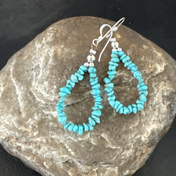 Blue Turquoise Nugget Beads Navajo Earrings 1" | Sterling Silver | Authentic Native American Handmade | 17900