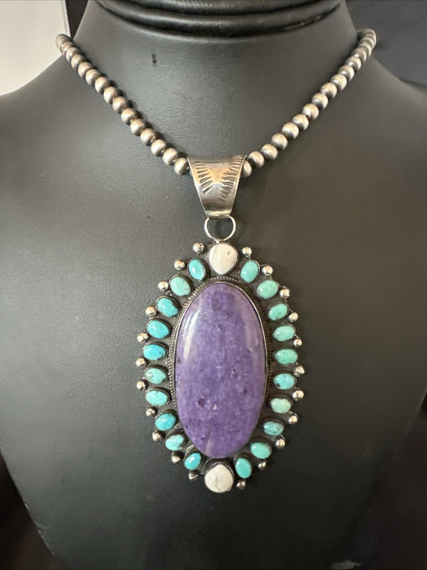 Purple Charoite Turquoise Navajo Cluster Pendant 3.75" | Sterling Silver | Authentic Native American Handmade | 18651