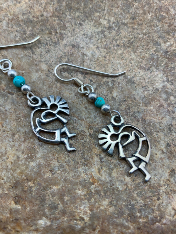 Turquoise Kokopelli Navajo Earrings 1.25" | Sterling Silver | Authentic Native American Handmade | 04525