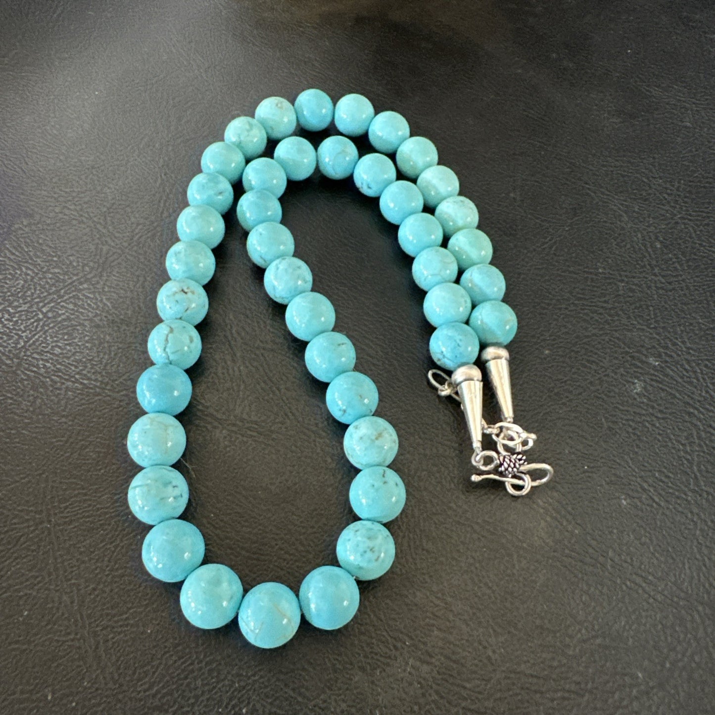 Blue Turquoise 10mm Round Bead Southwestern Sterling Silver Necklace 18” 19402