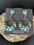 Coral Turquoise Onyx Abalone Zuni Inlay Earrings | Sterling Silver | Authentic Native American Handmade | 14768