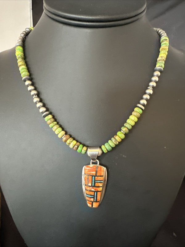 Green Turquoise Orange Spiny Pendant Necklace 21" | Sterling Silver | Authentic Native American Handmade | 19228