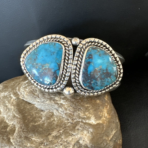 Navajo Blue TURQUOISE Stamped 2 Stone Cuff Bracelet 8.25" | Sterling Silver | Authentic Native American Handmade | 18717