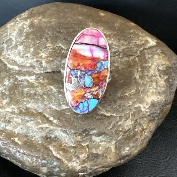 Blue Turquoise Orange Spiny Oyster Navajo Ring Size 7 | Sterling Silver | Authentic Native American Handmade | 18212
