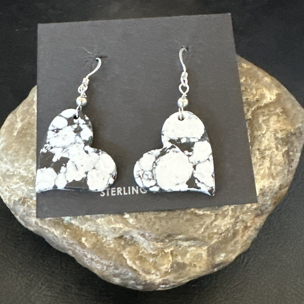 Heart Navajo Slab White Buffalo Turquoise Earrings | Sterling Silver | Authentic Native American Handmade | 17879